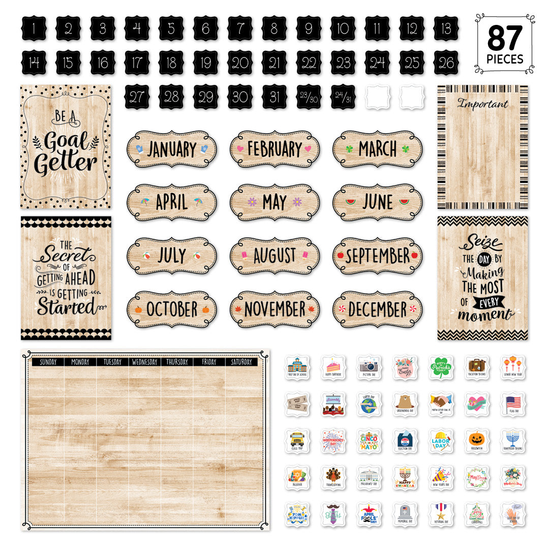 CORE DECOR BLACK, WHITE, AND WOOD CALENDAR SET BULLETIN BOARD