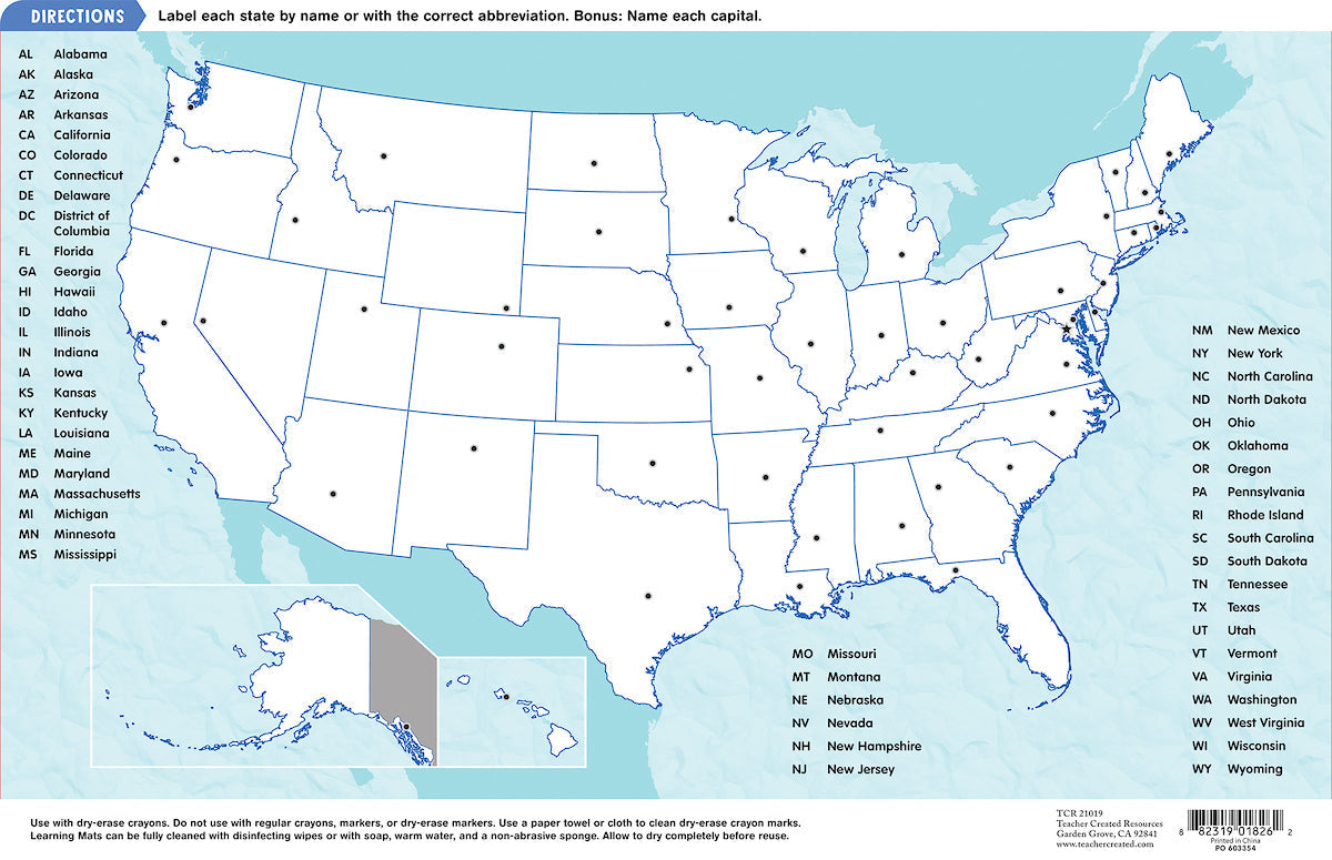 United States of America Map Learning Mat