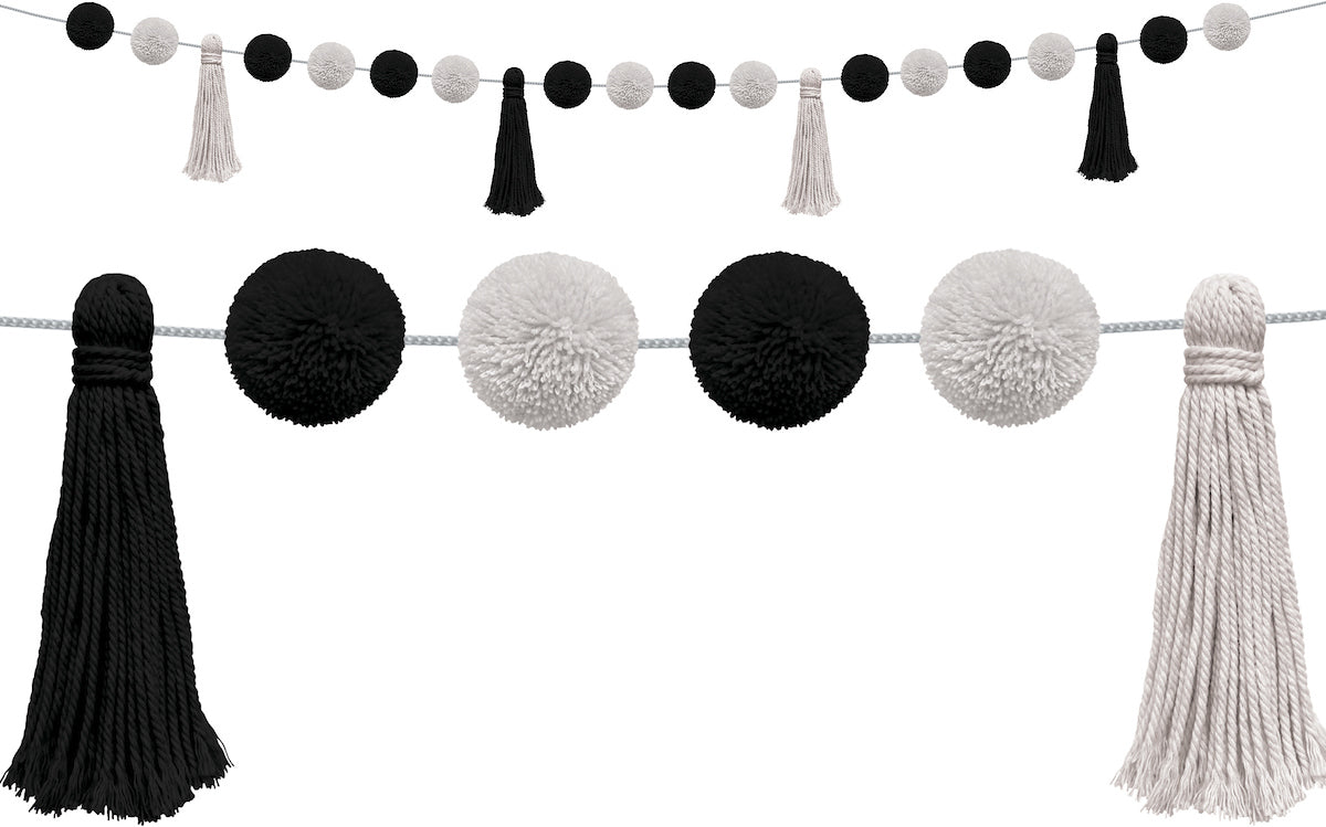 Black and White Pom-Poms and Tassels Garland